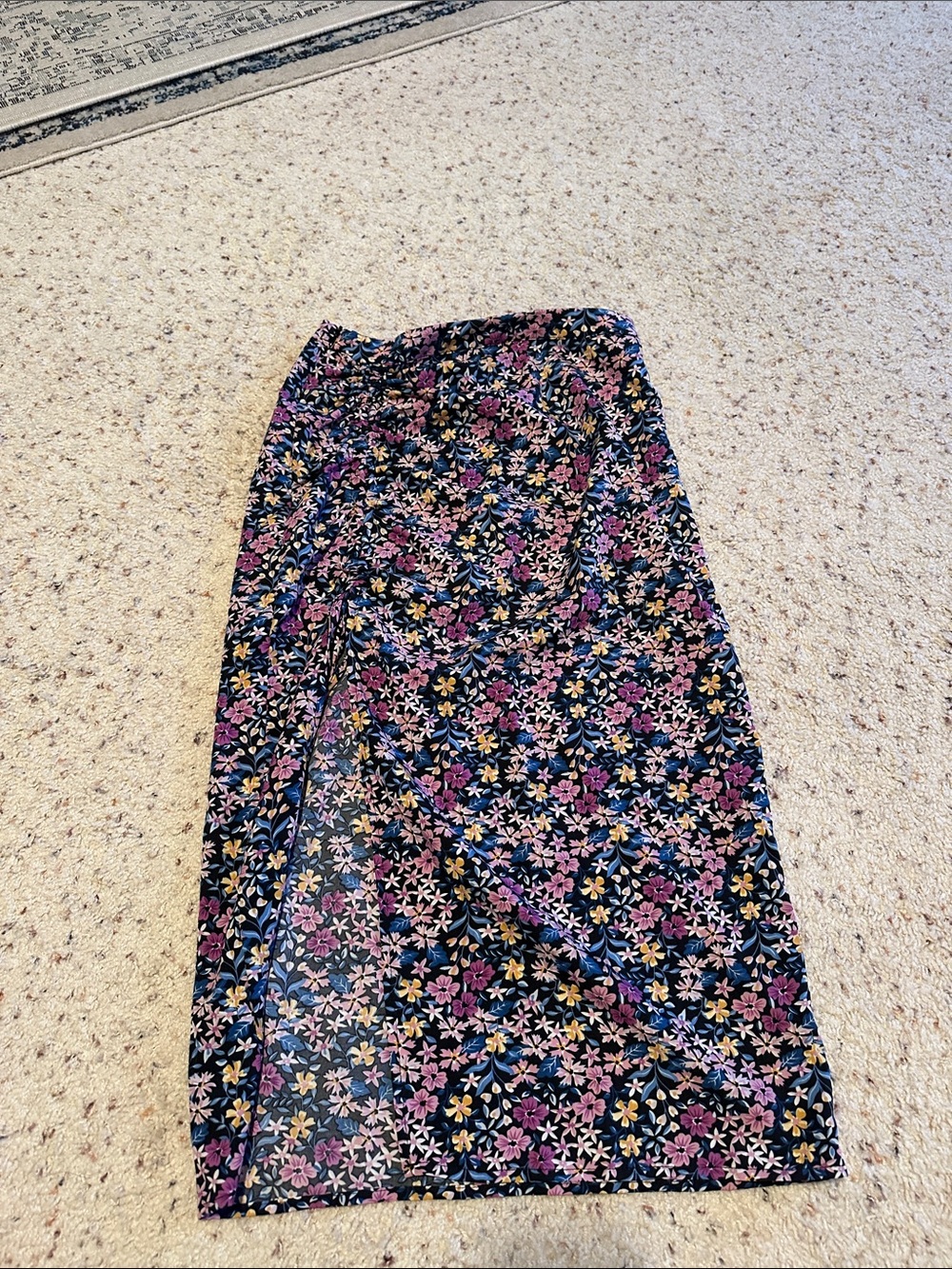 SHEIN Black Midi Skirt with Pink & Yellow Floral Print